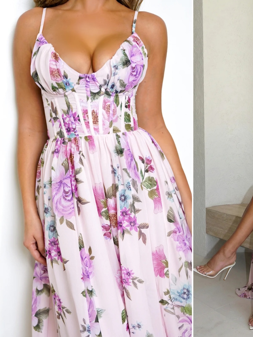 Romantic Pink Floral Maxi Dress with Corset Bodice